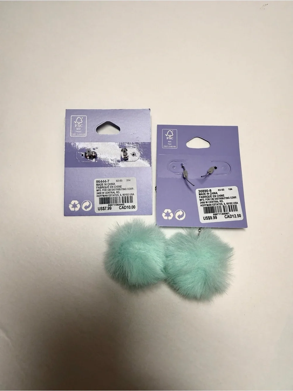 Claire's Mint Faux-Fur Pom Drop Earrings with Iridescent Butterfly Charms